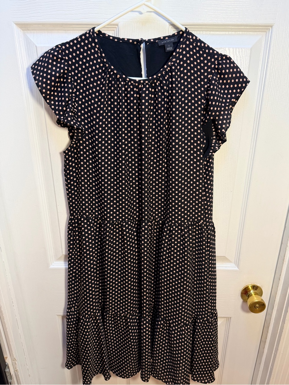 Ann Taylor Black Midi Dress with light pink Polka Dots
